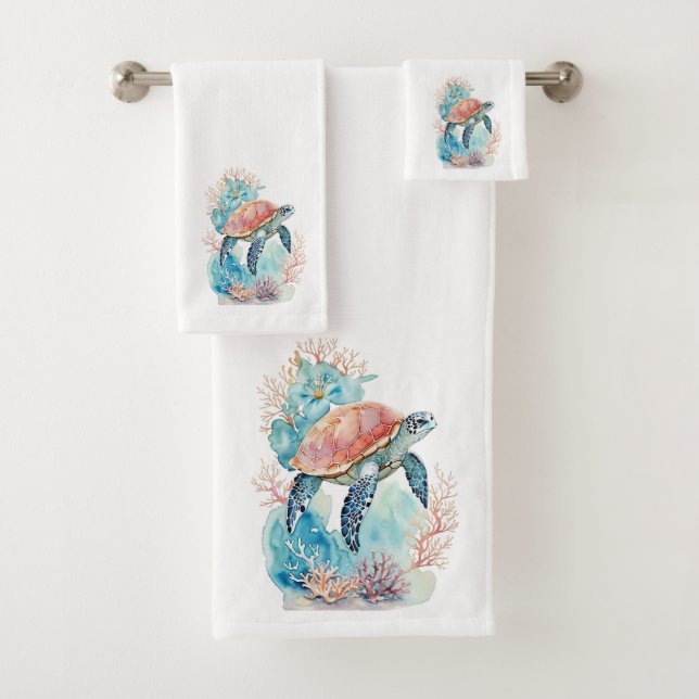 Sea Turtle in Coral Reef  Bath Towel Set (Insitu)
