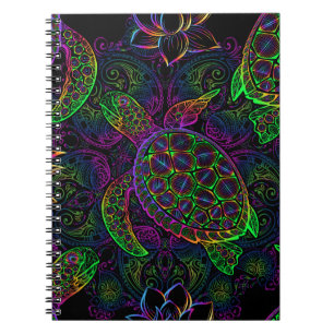 Sea turtle in psychedelic multicolor colours with  notebook