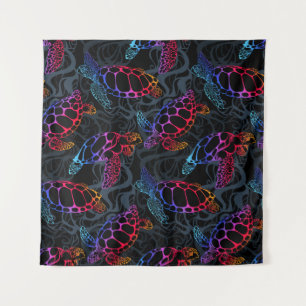 Sea turtle in psychedelic multicolor colours with tapestry
