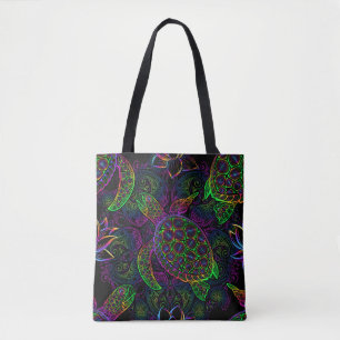Sea turtle in psychedelic multicolor colours with  tote bag