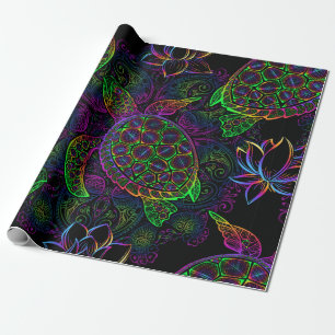 Sea turtle in psychedelic multicolor colours with  wrapping paper