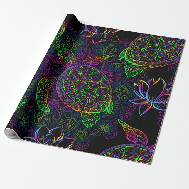 Sea turtle in psychedelic multicolor colours with  wrapping paper (Unrolled)