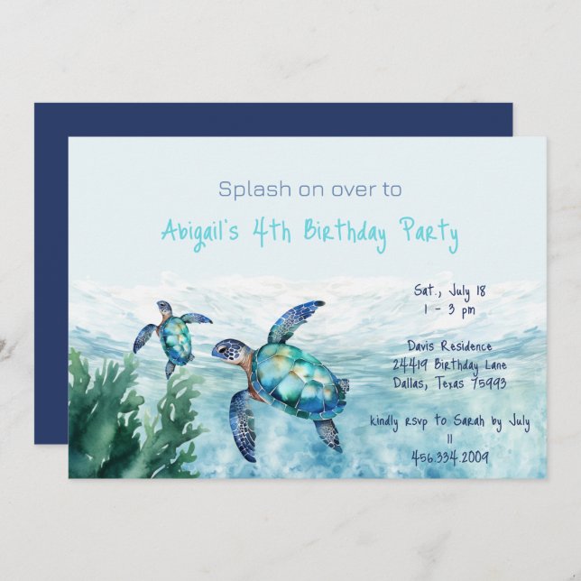 Sea Turtle Kid's Birthday Party II Invitation (Front/Back)