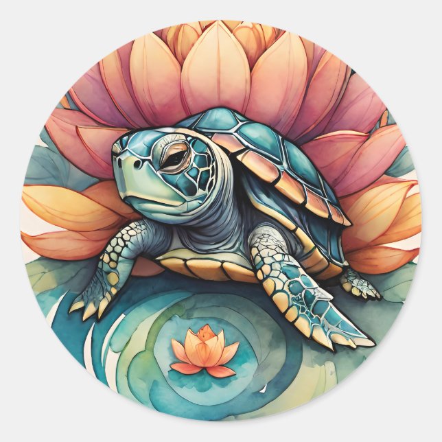 Sea Turtle Lotus Flower Art Turtles Nature Lovers  Classic Round Sticker (Front)