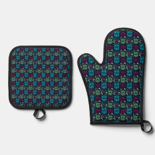 Sea Turtle & Lotus Flower Pattern Oven Mitt & Pot Holder Set