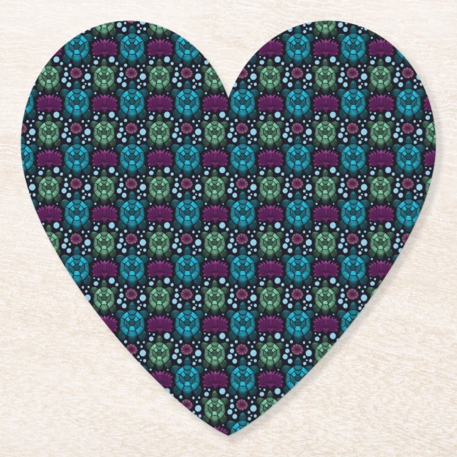 Sea Turtle & Lotus Flower Pattern  Paper Coaster (Front)