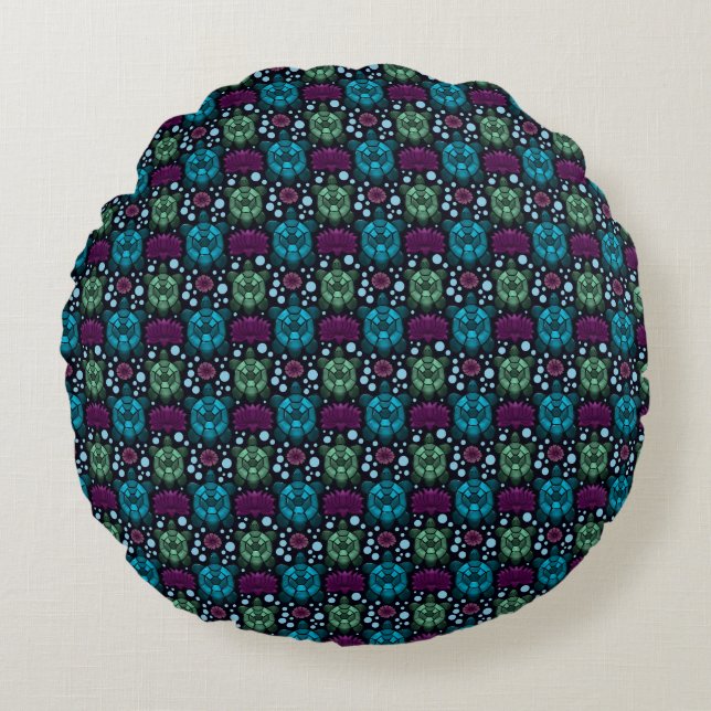Sea Turtle & Lotus Flower Pattern  Round Cushion (Front)