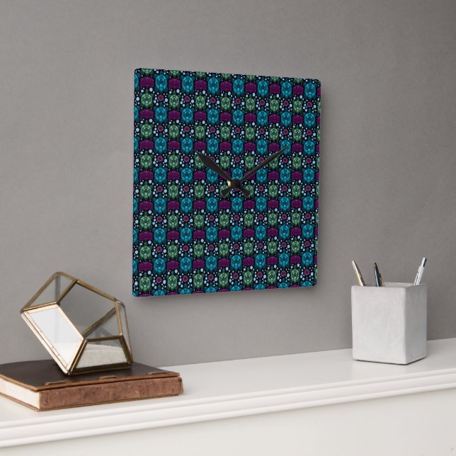 Sea Turtle & Lotus Flower Pattern  Square Wall Clock (Office)