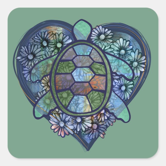 Sea turtle love square sticker (Front)