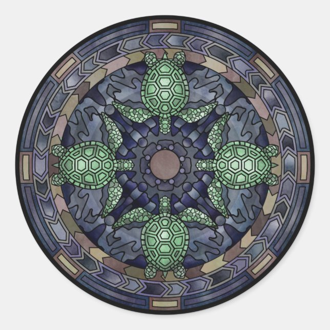 Sea Turtle Mandala Green Blue Brown Ocean Water Classic Round Sticker (Front)