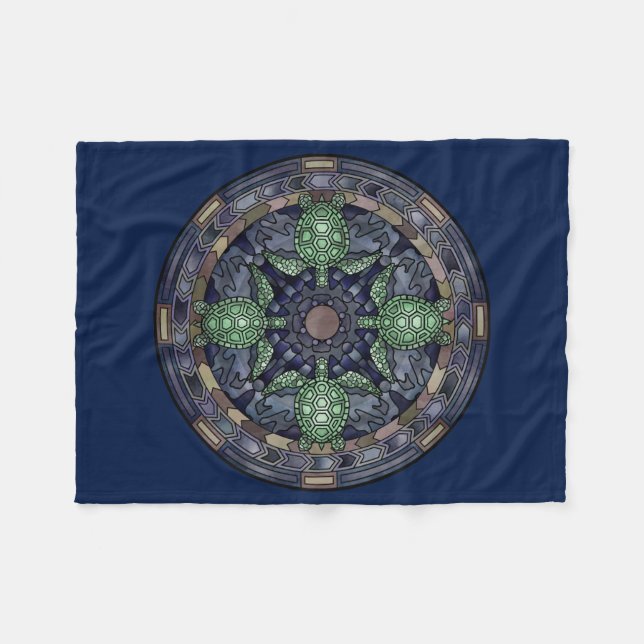 Sea Turtle Mandala Green Blue Brown Ocean Water Fleece Blanket (Front (Horizontal))