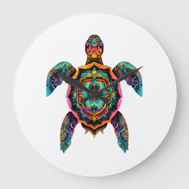 Sea Turtle Mandala Sea Ocean Animal Artwork Boho Large Clock (Front)