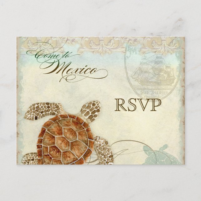 Sea Turtle Modern Coastal Ocean Beach Swirls Style Invitation Postcard (Front)