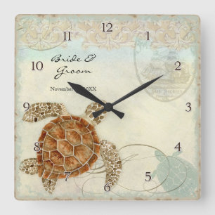 Sea Turtle Modern Coastal Ocean Beach Swirls Style Square Wall Clock