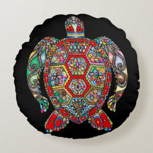 Sea turtle mosaic reversable red and black round cushion