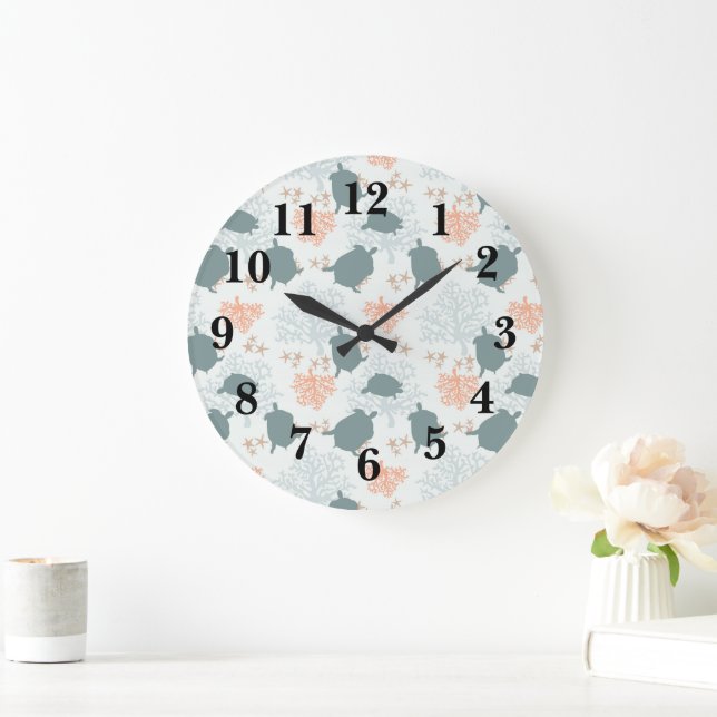 Sea Turtle Nautical Coral Reef Ocean Pattern Large Clock (Home)
