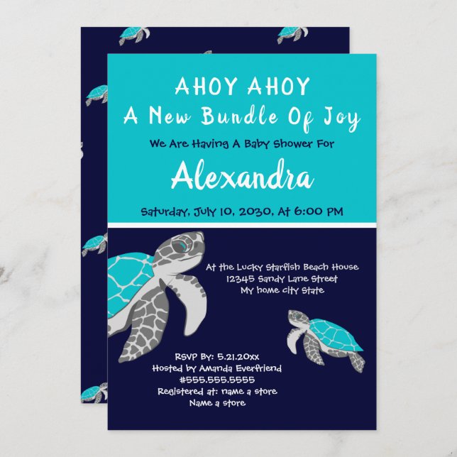  Sea Turtle Navy Blue Nautical Boy Baby Shower  (Front/Back)