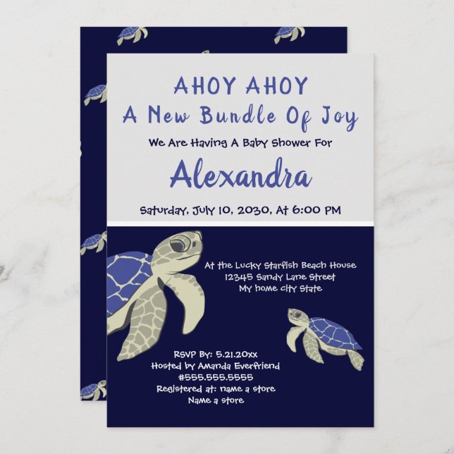 Sea Turtle Navy Blue Nautical Boy Baby Shower  (Front/Back)