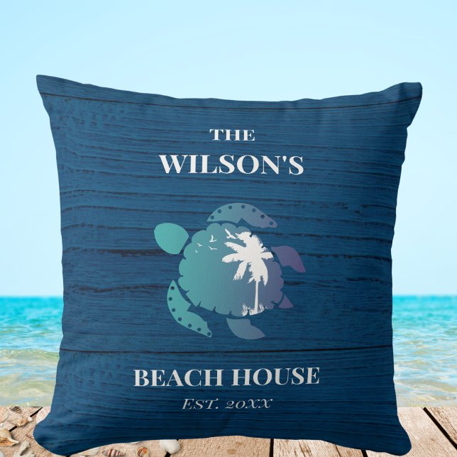 Sea Turtle Navy Blue Wood Family Name Beach House  Cushion (Creator Uploaded)