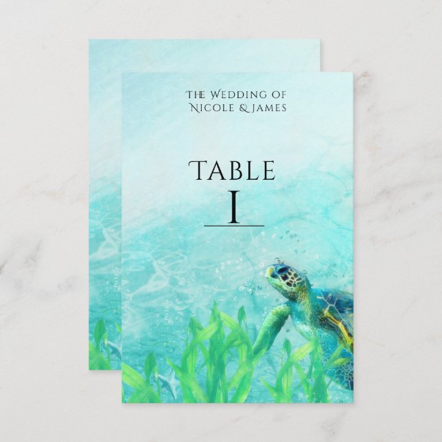 Sea Turtle Ocean Beach Art Wedding Table Number (Front/Back)