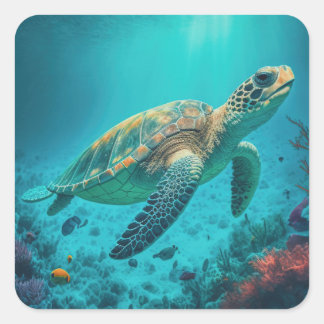 Sea Turtle Ocean Marine Life Beach Nature Animals Square Sticker