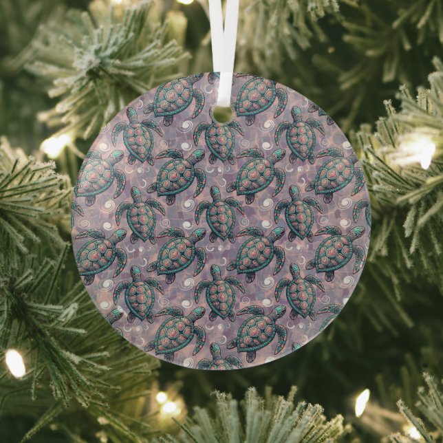 Sea Turtle Ocean Pattern Glass Tree Decoration (Insitu)