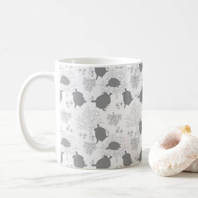 Sea Turtle Ocean Pattern Grey Art Coffee Mug (With Donut)