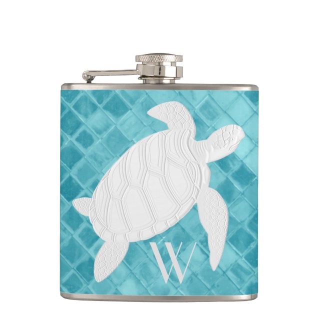 Sea Turtle on Aqua Sea Glass Monogram Hip Flask (Front)