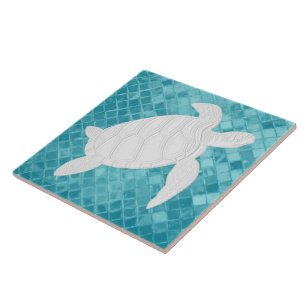 Sea Turtle on Aqua Sea Glass Pattern Tile