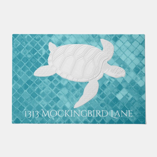 Sea Turtle on Aqua Sea Glass Personalise Doormat (Front)