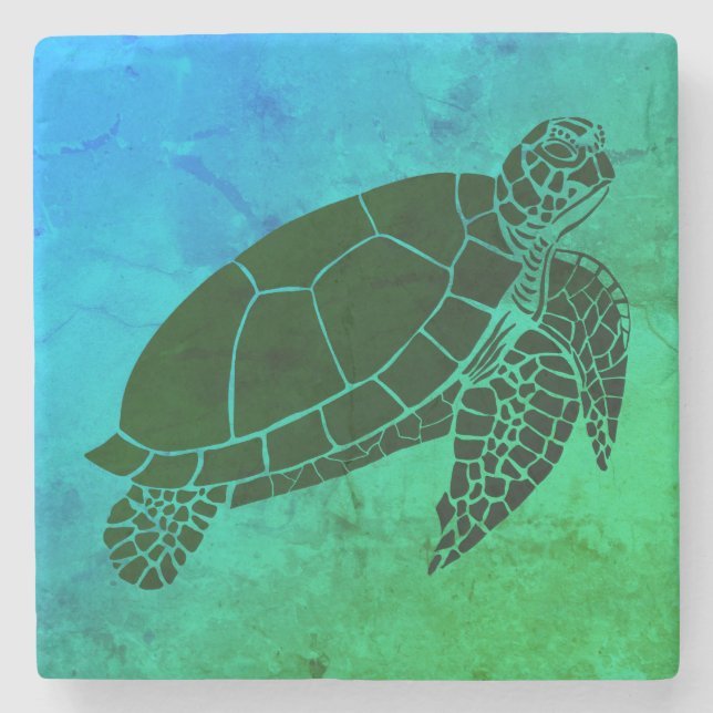 Sea Turtle on Blue and Green Background Stone Coaster (Front)