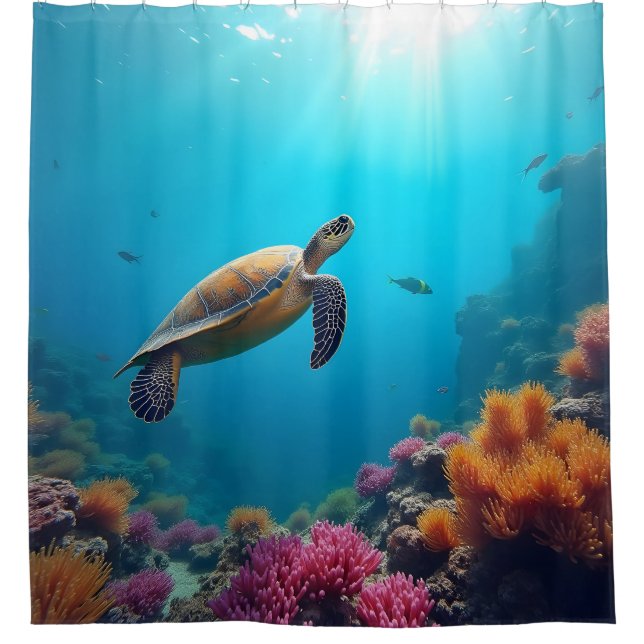 Sea Turtle on Coral Reef Shower Curtain (Front)
