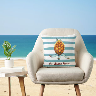 Sea Turtle Our Beach House on Dark Aqua Stripes Cushion