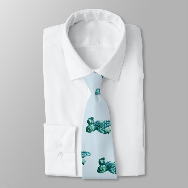 Sea Turtle Painting Coastal Beach Pattern Tie (Tied)