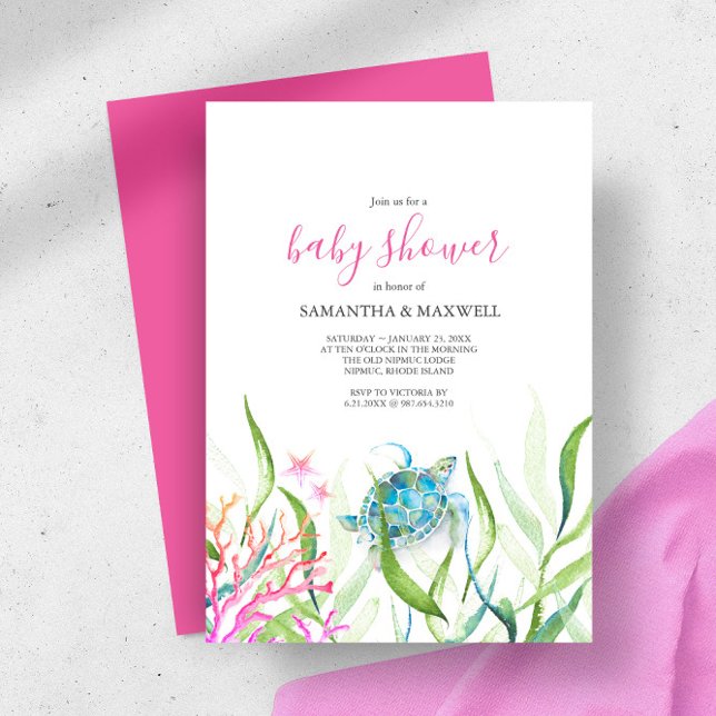 Sea Turtle  Pink and Green Baby Shower Invitation (girl baby shower invitations watercolor sea turtle starfish coral and sea botanicals )