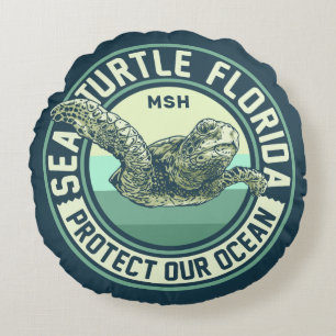 Sea Turtle Protection Custom Monogram Round Cushion