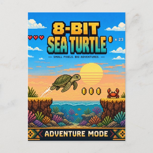 Sea Turtle, Retro 8-Bit Pixel Art Postcard (Front)