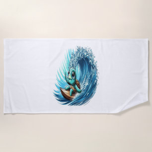 Sea Turtle Rides Emotion Wave. Beach Towel