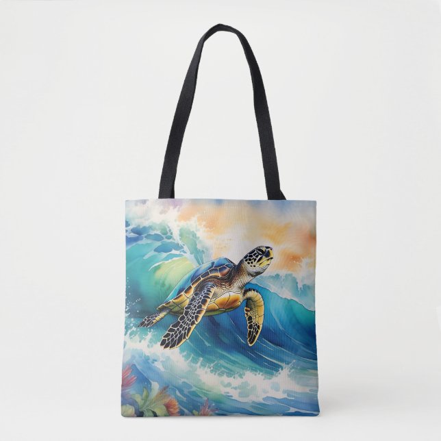 Sea Turtle Riding a Vibrant Wave Watercolor Tote Bag (Front)