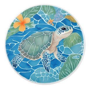 Sea Turtle Right Facing Ocean Life Bright Blue Ceramic Knob