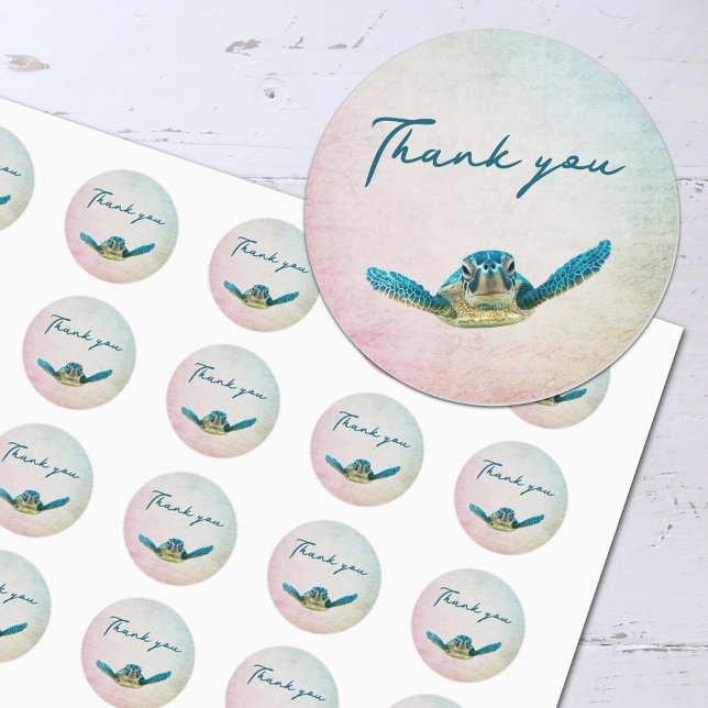 Sea Turtle Round Thank You Wedding Stickers (Creator Uploaded)