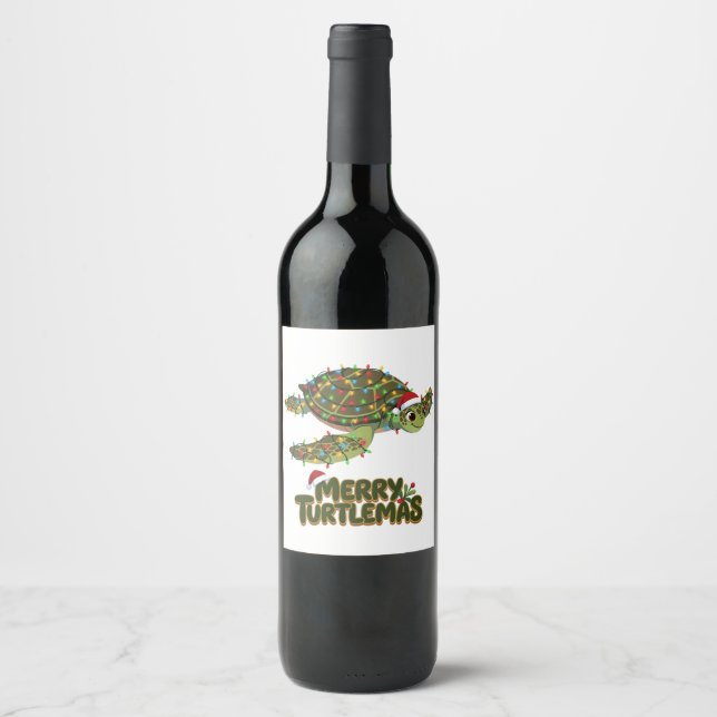 Sea Turtle Santa Hat Christmas Lights Merry Turtle Wine Label (Front)
