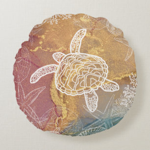 Sea Turtle Sealife Beachy Ocean Nautical  Round Cushion