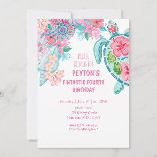 Sea Turtle Summer Fourth Birthday Invitation