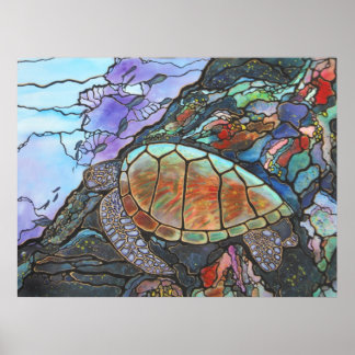 Sea Turtle Swimming By A Coral Reef Poster
