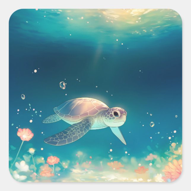 Sea Turtle Swimming in Glowing Underwater Square Sticker (Front)