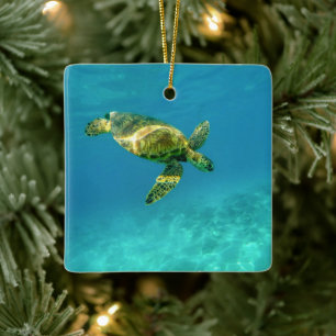 Sea Turtle swimming in turquoise ocean water Ceramic Ornament