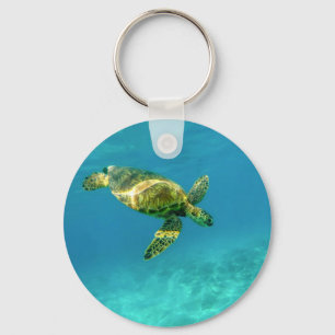 Sea Turtle swimming in turquoise ocean water Key Ring