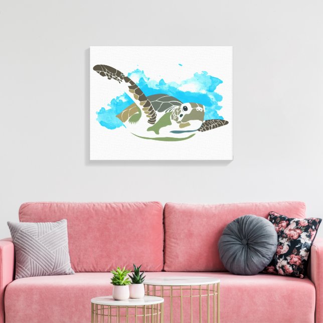 Sea Turtle Swimming in Watercolor Design Canvas Print (Insitu(LivingRoom))