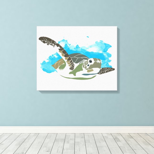 Sea Turtle Swimming in Watercolor Design Canvas Print (Insitu(Wood Floor))
